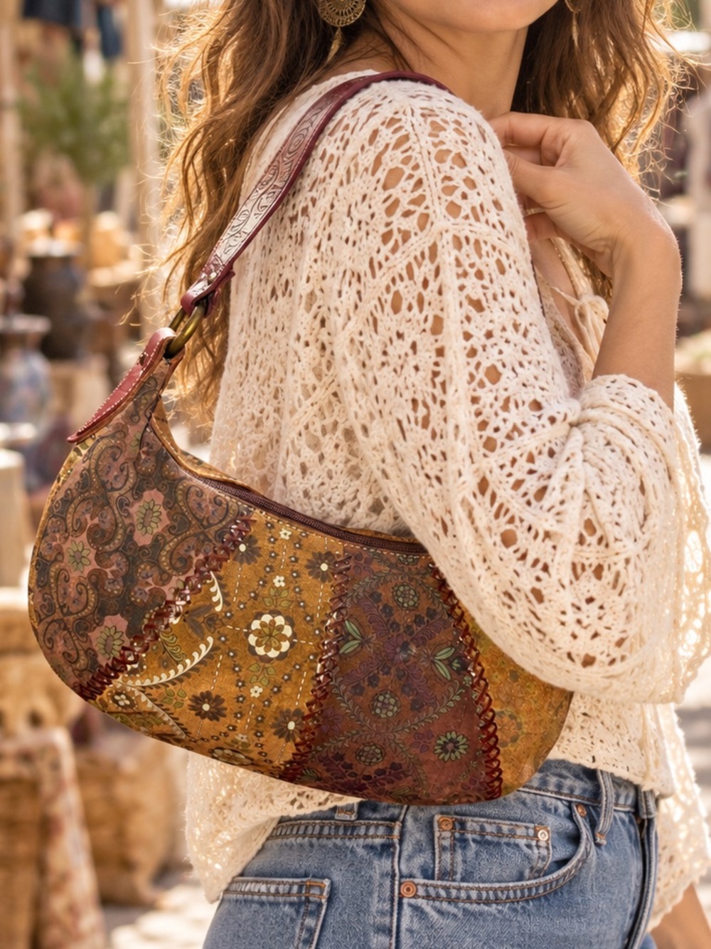 Vintage Y2K Fossil Patchwork Shoulder Bag Bohemian